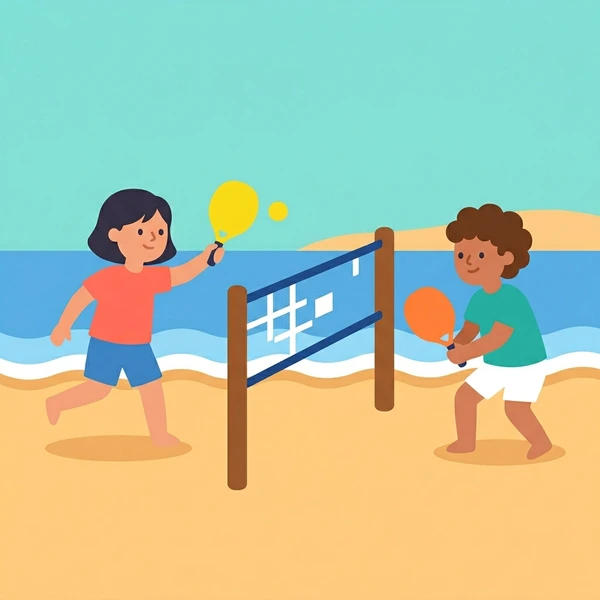 Two players competing in beach tennis on tan sand by the ocean with a net between them, yellow ball in play and turquoise calm water in background