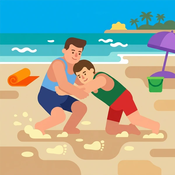 Two male wrestlers grappling on tan sand beside a beach with a purple umbrella, sand bucket, teal ocean waves, and a tropical island in the background