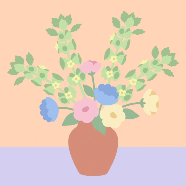 Blue, pink, yellow, and cream flowers with leafy green sprigs loosely arranged in a rounded terracotta vase on a lavender surface against a peach background