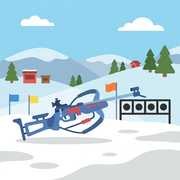 Navy blue biathlon rifle with scope resting in white snow at an outdoor range with red and blue marker flags, evergreen trees and snowy mountains in background