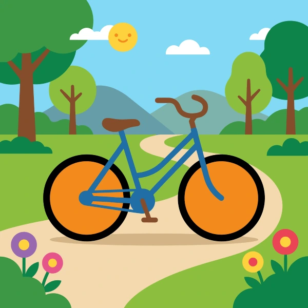 Orange, gray, and teal bicycle surrounded by white snow, blue shadows, pine trees, and cold mountains.