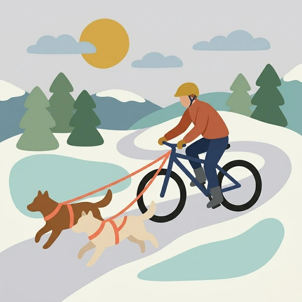 Cyclist in orange jacket on a dark blue bike being pulled by a brown dog through a snowy white winter forest trail with green evergreen trees