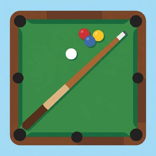 Brown wooden pool cue resting on a green felt billiards table with colored red, yellow, and blue billiard balls and a white cue ball, wooden rail with pockets