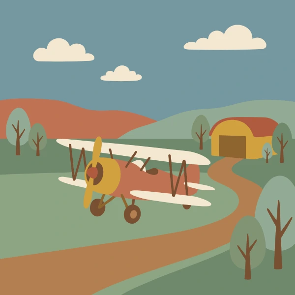 Olive green, tan, and mustard yellow biplane at an airport with terminal glass, runway pavement, or hangar buildings.