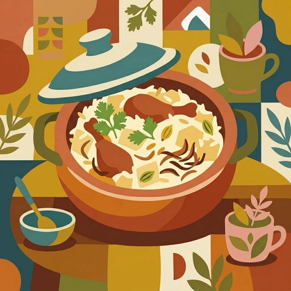 Spiced biryani rice served in a cooking pot with garnishes