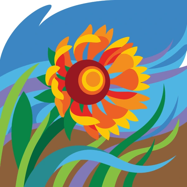 Bold red orange and yellow gaillardia blanket flower bending in wind against a vivid blue sky with green grass