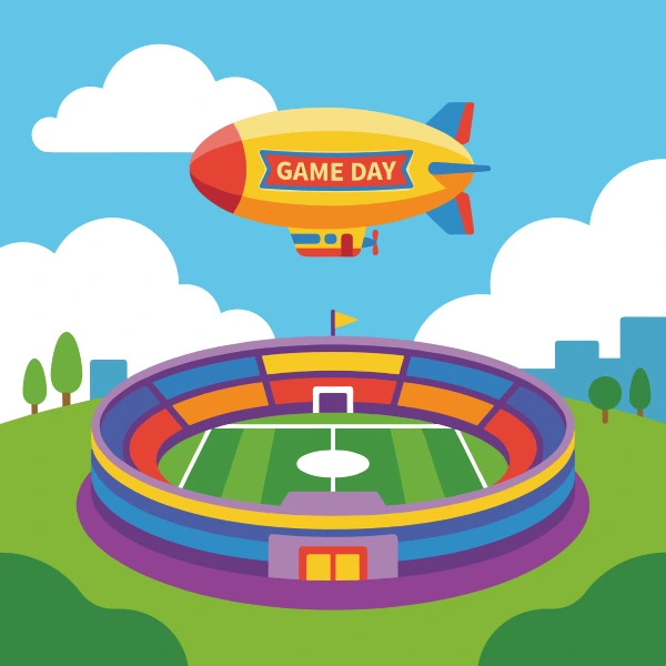 Orange, gray, and purple blimp inside or beside a stadium with crowd colors, flags, or a bold bowl shape.