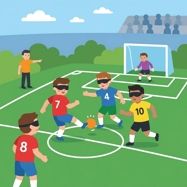 Multiple young players in blue, red, and yellow jerseys wearing blindfolds competing in blind soccer on a grass pitch with a white goal net and spectators