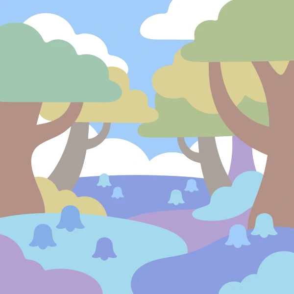 Soft blue and lavender bluebell flowers carpeting the floor of a spring woodland between pale leafy trees