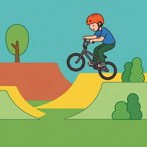 BMX rider wearing an orange-red helmet on a blue bike launching off yellow curved ramps at an outdoor skate park with green bushes and trees
