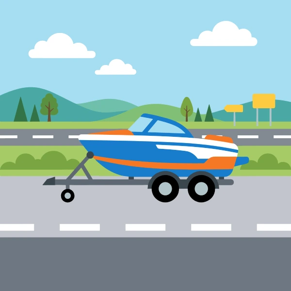 Grass green, black, and deep blue boat trailer beside blue water with green banks, trees, and a wide bright sky.