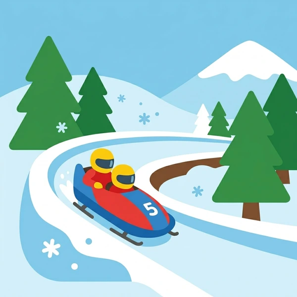 Two-person bobsled numbered 5 in blue and red racing down an icy winter course with blue flag markers, snow-covered mountains and evergreen trees