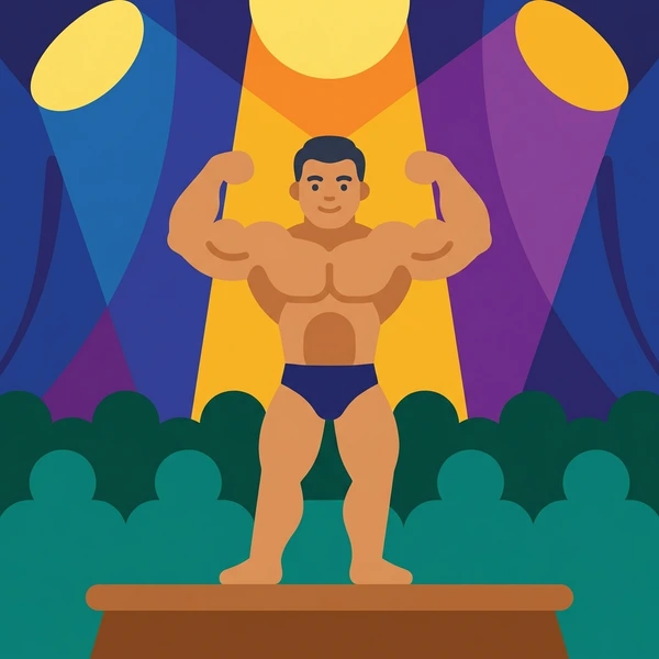 Male bodybuilder in dark blue shorts performing a double-bicep pose on a competition stage under yellow, blue, and purple spotlights with teal audience silhouettes
