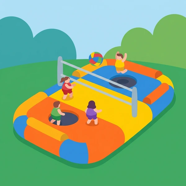 Multiple young players jumping on a colorful inflatable bossaball court with blue, yellow, orange, and red panels around a volleyball net, ball in play