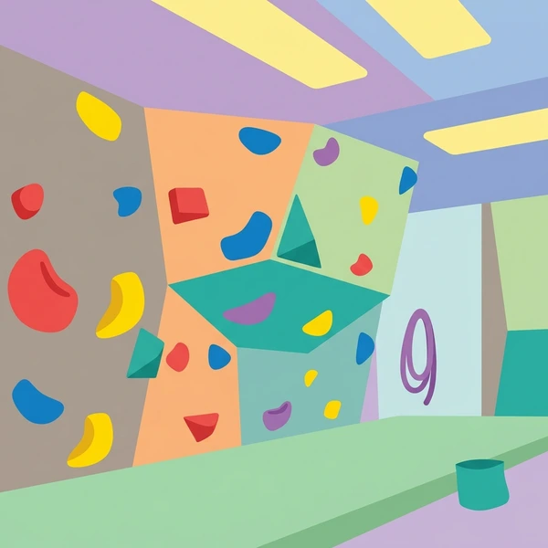 Indoor bouldering wall with orange and light green panels, red blue and yellow climbing holds, numbered route markers, and safety matting in a gym