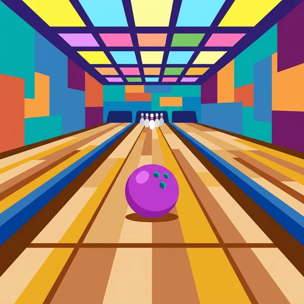 Magenta purple bowling ball on a polished striped wood lane in a modern bowling alley with yellow, cyan, and purple ceiling panels and white pins at the far end