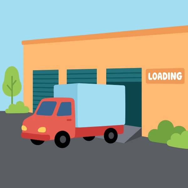 Navy blue, gray, and coral box truck on blue harbor water with docks, boats, cranes, or shoreline buildings.