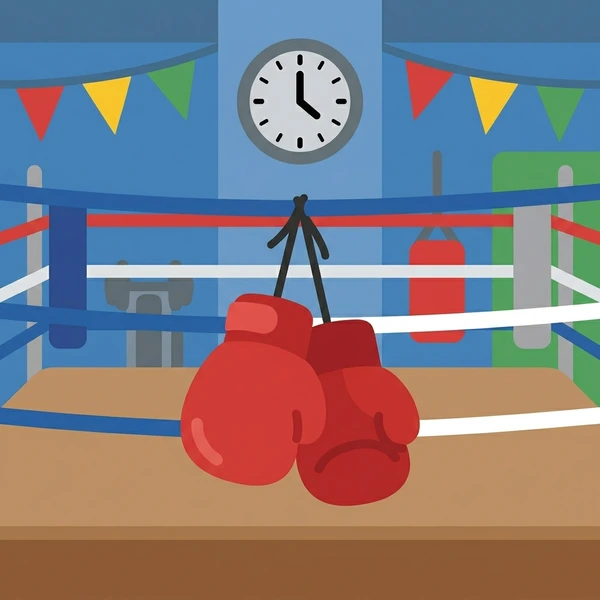 Pair of red boxing gloves hanging on white ring ropes in a boxing gym with colorful bunting flags, green and blue walls, and a gray wall clock