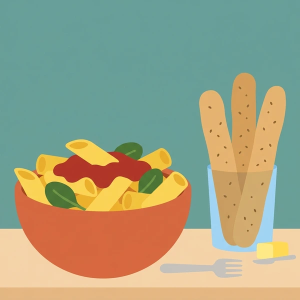 Breadsticks Beside Pasta arranged as a food scene with clear ingredient details and serving context