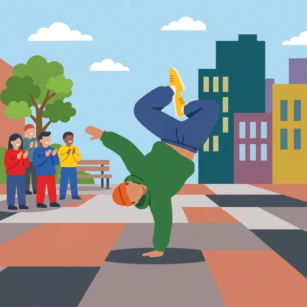Breakdancer in blue top, green pants, and gold sneakers performing a freeze power move on a street plaza with three spectators and colorful urban buildings