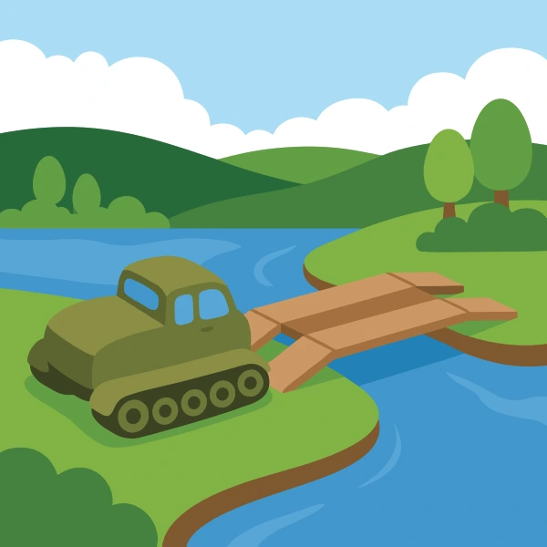 Forest green, tan, and olive green bridge laying vehicle beside blue water with green banks, trees, and a wide bright sky.