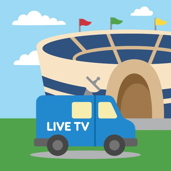 Blue LIVE TV broadcast van parked outside a large stadium with colorful roof flags and a wide curved entrance.