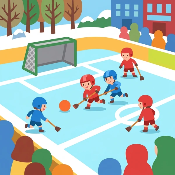 Five children in red and blue uniforms playing broomball on a light blue frozen court with a green goal net, orange ball, snowy trees and buildings in background