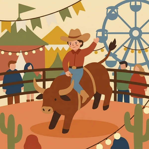 Cowboy in red shirt and hat riding a bucking brown bull in a wooden fence enclosure at a fairground with a blue Ferris wheel and spectators in background