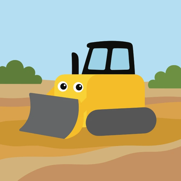 Sun yellow, earth brown, and sky blue bulldozer crossing sandy ground with dunes, warm hills, cacti, or a bright sun.