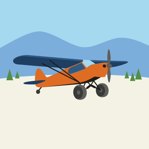 Orange, navy blue, and white bush plane surrounded by white snow, blue shadows, pine trees, and cold mountains.