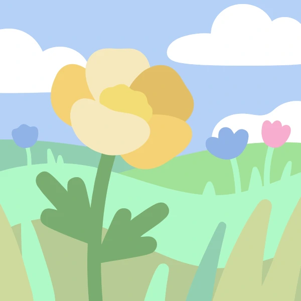 Large golden yellow buttercup flower in a soft green meadow with small blue and pink wildflowers on rolling hills