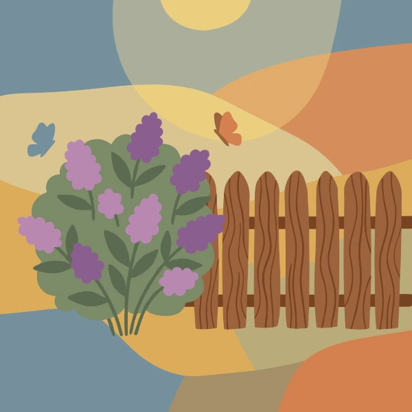 Purple butterfly bush blooming next to a wooden fence with two butterflies and an earthy abstract background