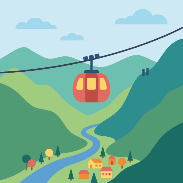 Turquoise, gray, and teal cable car among trees, hills, or mountains with a winding path or river nearby.