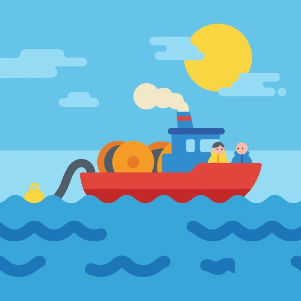 Cable laying ship in red, orange, and cream at sea, with turquoise sky and turquoise ground.