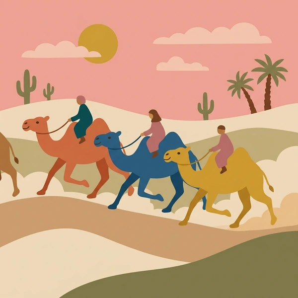 Three camels of brown, red, and yellow tones carrying riders racing in a line across sandy desert dunes under a pink sky with green palm trees