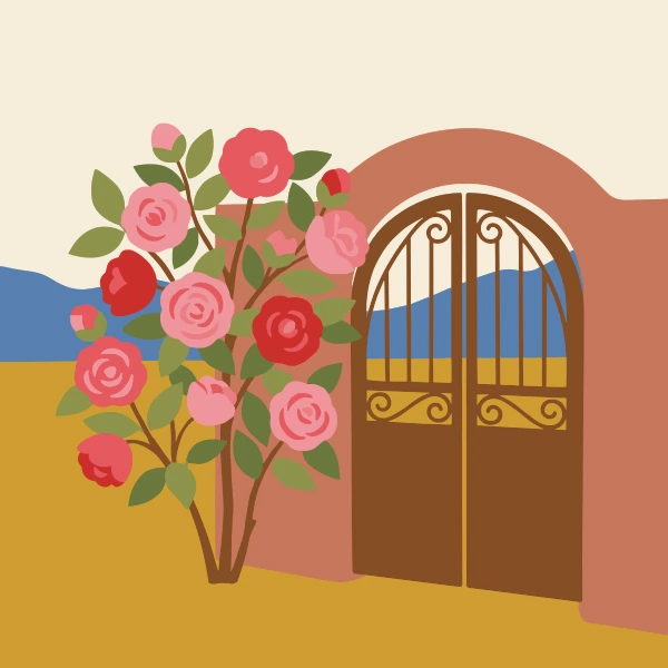 Pink and red camellia bush with roses in bloom beside an ornate iron gate in a warm adobe garden wall