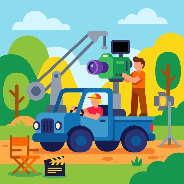 Camera car on film set with deep blue and sun yellow body tones, navy blue accents, and sky blue background.