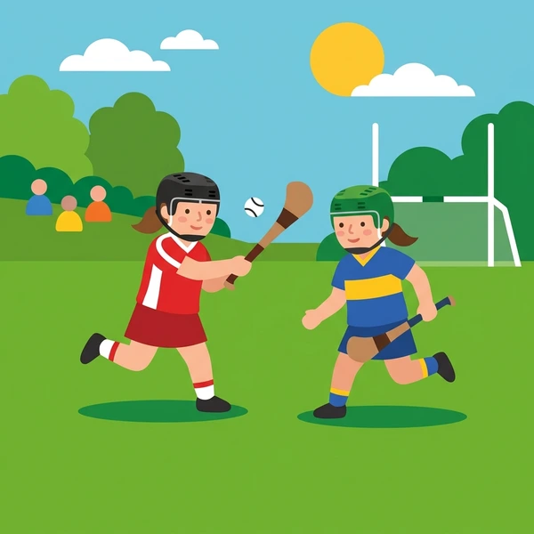 Two female camogie players in red and blue uniforms competing with hurley sticks on a bright green grass field with white H-shaped goalposts and spectators