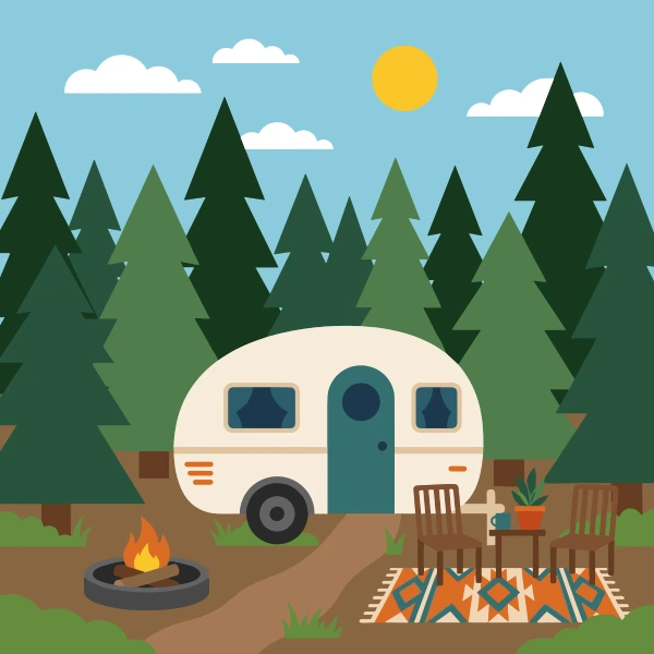 Forest green, charcoal, and navy blue camper trailer among trees, hills, or mountains with a winding path or river nearby.