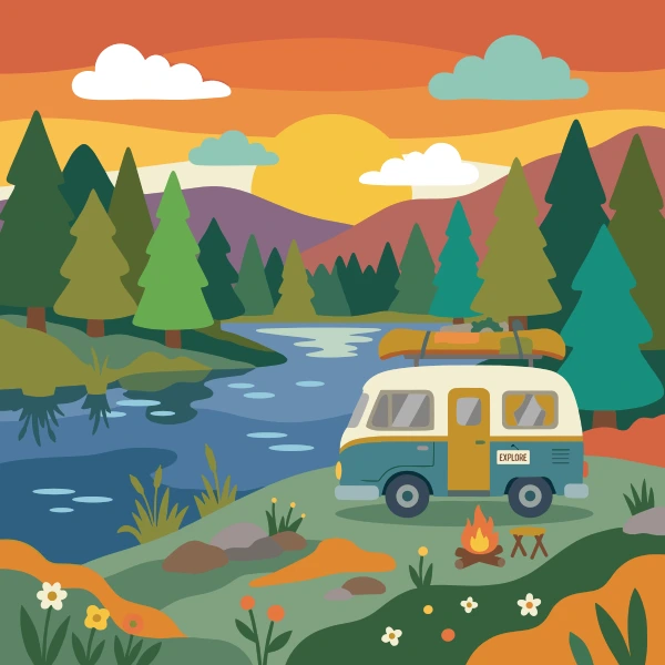 Olive green, charcoal, and teal camper van floating on calm blue water with soft hills, trees, and light clouds behind.