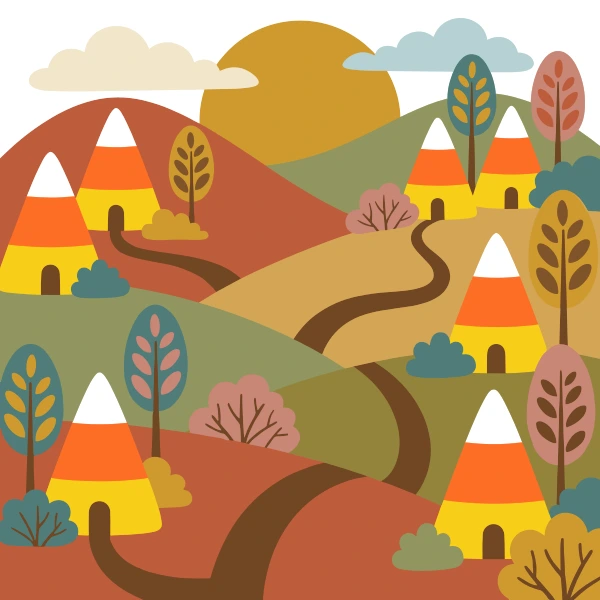 Candy Corn Village free printable jigsaw puzzle & coloring page