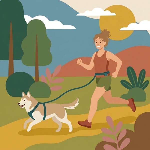 Female runner in tan athletic wear connected by a harness to a white and brown dog running through a green hilly landscape under golden sunlight and blue sky