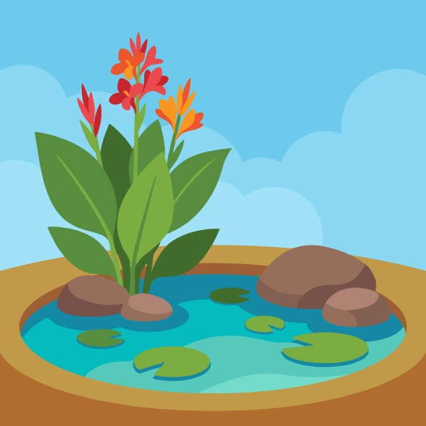 Red and orange canna lily plants growing beside a small pond with lily pads and round stones