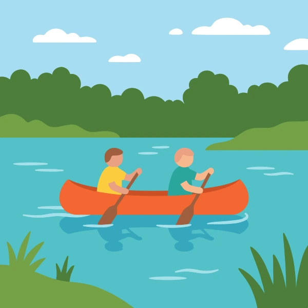 Forest green, gray, and orange canoe beside blue water with green banks, trees, and a wide bright sky.