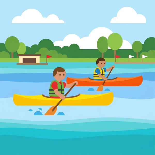 Two paddlers in yellow and orange canoes racing on calm blue flatwater alongside a tree-lined bank with a boathouse structure and green foliage reflected in water