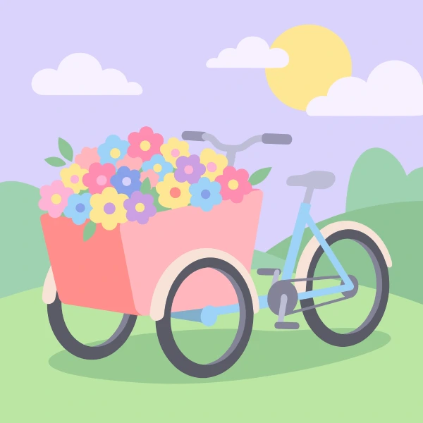 Cargo bike with flowers with flowers, colored cream, light gray, and sand beige, with powder blue above and mint green.