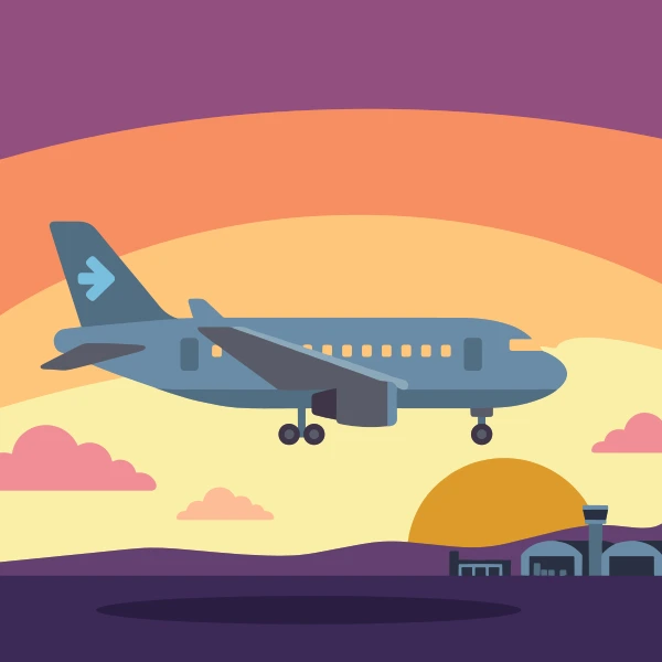 Gray and sky blue cargo plane set against layered sunrise or sunset bands with a low sun and dark silhouettes.