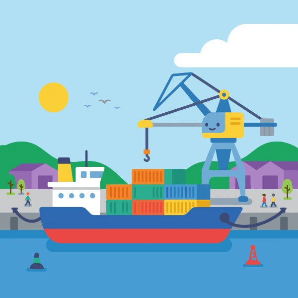 Sky blue, gray, and forest green cargo ship on blue harbor water with docks, boats, cranes, or shoreline buildings.