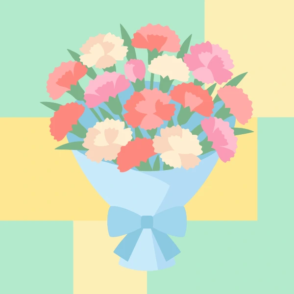 Pink coral and cream carnations wrapped in light blue paper with a blue ribbon bow on a pastel checkered background