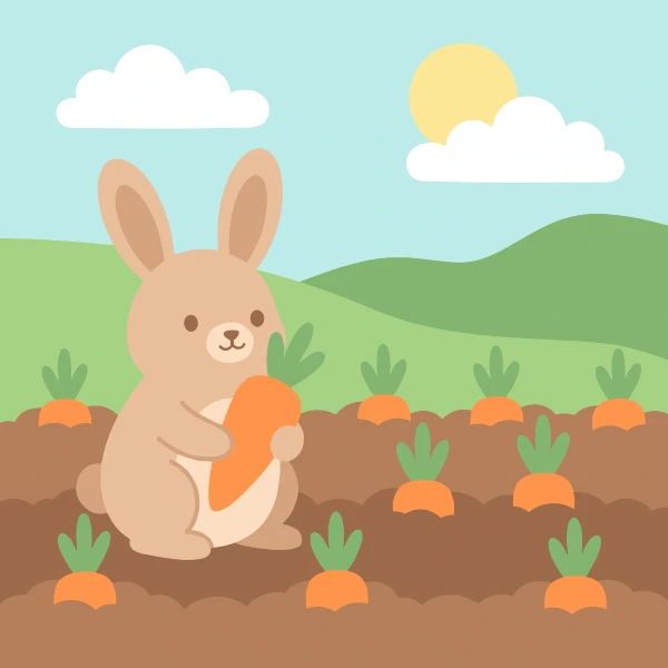 Cute beige bunny holding orange carrot in garden with rows of carrots in brown soil green hills clouds and sun